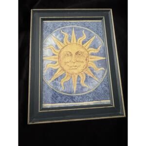 90s Vintage Celestial Sun Print Wood Framed Art 10x8in Blue Whimsygoth Moon Star